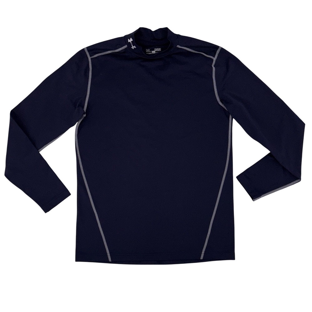 Under Armour Mens ColdGear Fitted Mock Neck Shirt Navy Medium Base Layer Workout